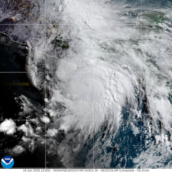 This satellite image provided by the National Oceanic and Atmospheric Administration (NOAA) shows Hurricane Erick approaching Mexico's Pacific coast, Wednesday morning, June 18, 2025. (NOAA via AP)