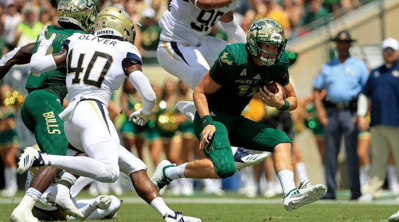TAMPA, FL - SEPTEMBER 08:  Blake Barnett #11 of the South Florida Bulls rushes during a game against the Georgia Tech Yellow Jackets at Raymond James Stadium on September 8, 2018 in Tampa, Florida.  (Photo by Mike Ehrmann/Getty Images)