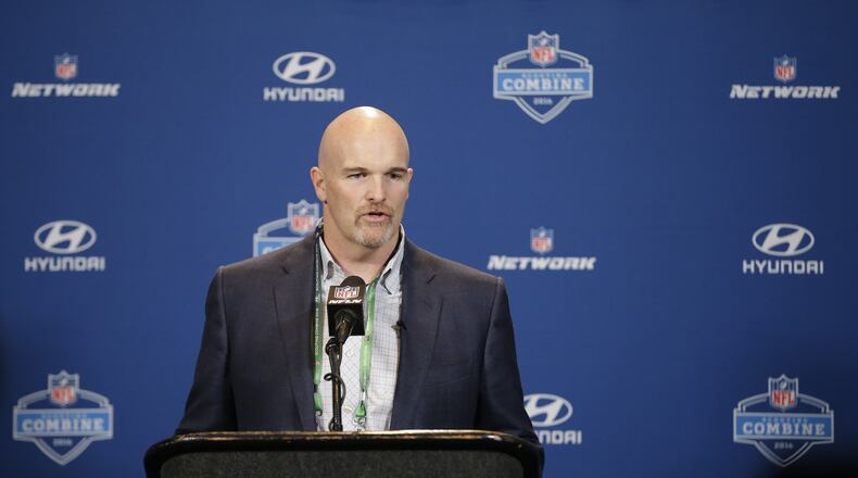 Atlanta Falcons head coach Dan Quinn responds to a question during a news conference at the NFL football scouting combine on Wednesday, Feb. 24, 2016, in Indianapolis. (AP Photo/Darron Cummings)