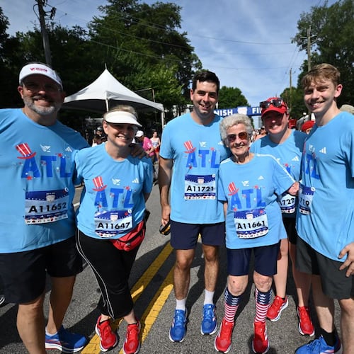 Betty Lindberg finishes the Peachtree Road Race at age 99. She had participated in the race 35 times at that point. (Courtesy of Amanda Tobin)