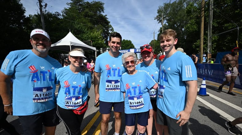 Betty Lindberg, 99, at the finish line of the AJC Peachtree Road Race. Lindberg has participated in the race 35 times.
