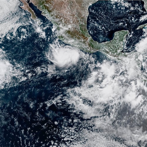 This photo provided by NOAA shows Hurricane Polo intensifying in the Pacific Ocean off the coast of Mexico on Monday, Sept. 21, 2026. (NOAA via AP)