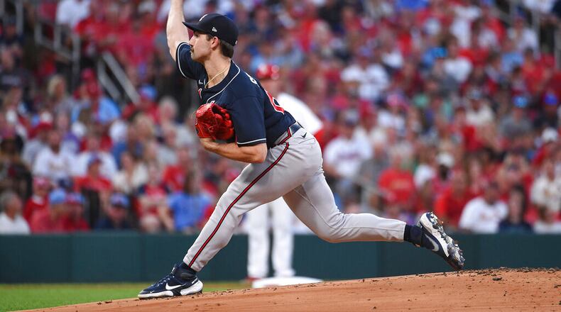 Atlanta Braves starting pitcher Spencer Strider (65) throws during the first inning of a baseball game against the St. Louis Cardinals on Friday, Aug. 26, 2022, in St. Louis. (AP Photo/Joe Puetz)