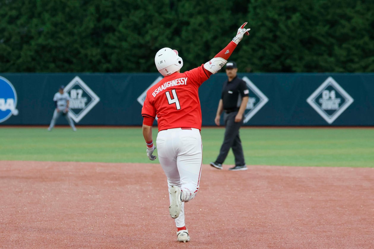 Georgia Bulldogs infielder Michael O’Shaughnessy rounds the bases after his solo home run during the eighth inning of their NCAA Regional final game at Foley Field on Sunday, May 31, 2026, in Athens. (Miguel Martinez/AJC)