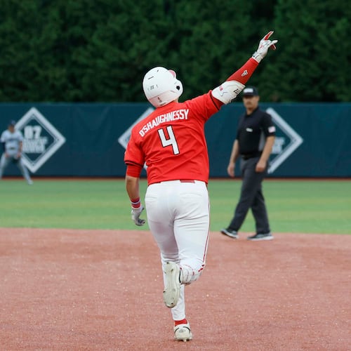 Georgia Bulldogs infielder Michael O’Shaughnessy rounds the bases after his solo home run during the eighth inning of their NCAA Regional final game at Foley Field on Sunday, May 31, 2026, in Athens. (Miguel Martinez/AJC)