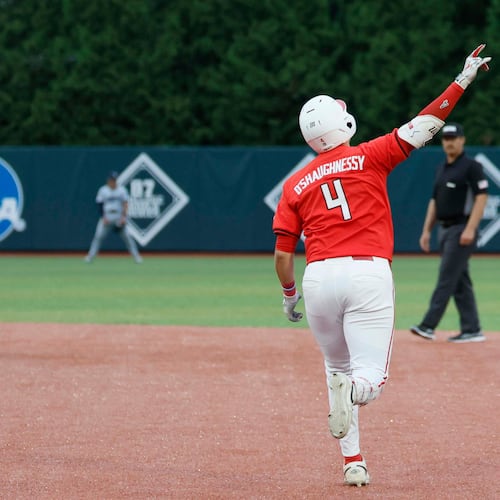 Georgia infielder Michael O’Shaughnessy — pictured rounding the bases after a home run in the Athens Regional final on Sunday, May 31 — hit two home runs Saturday, June 6, 2026, against Mississippi State in Game 1 of the Bulldogs' super regional series. (Miguel Martinez/AJC)