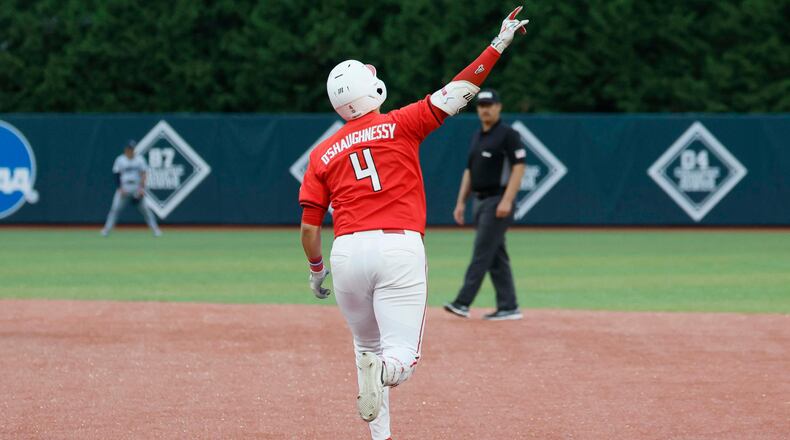 Georgia Bulldogs infielder Michael O’Shaughnessy rounds the bases after his solo home run during the eighth inning of their NCAA Regional final game at Foley Field on Sunday, May 31, 2026, in Athens. (Miguel Martinez/AJC)