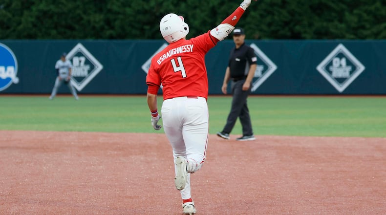 Georgia infielder Michael O’Shaughnessy — pictured rounding the bases after a home run in the Athens Regional final on Sunday, May 31 — hit two home runs Saturday, June 6, 2026, against Mississippi State in Game 1 of the Bulldogs' super regional series. (Miguel Martinez/AJC)