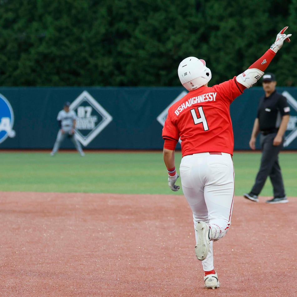 Georgia infielder Michael O’Shaughnessy — pictured rounding the bases after a home run in the Athens Regional final on Sunday, May 31 — hit two home runs Saturday, June 6, 2026, against Mississippi State in Game 1 of the Bulldogs' super regional series. (Miguel Martinez/AJC)