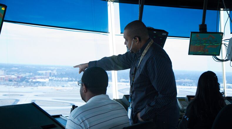 Inside the air traffic control tower at Hartsfield-Jackson International Airport in Atlanta.