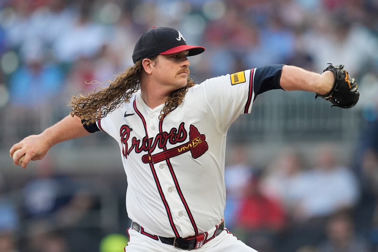 Atlanta Braves pitcher Grant Holmes (66) works from the bump against the Miami Marlins in the first inning of a baseball game, Tuesday, Aug. 4, 2026, in Atlanta. (Mike Stewart/AP)