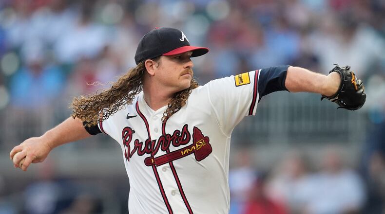 Atlanta Braves pitcher Grant Holmes (66) works from the bump against the Miami Marlins in the first inning of a baseball game, Tuesday, Aug. 4, 2026, in Atlanta. (Mike Stewart/AP)