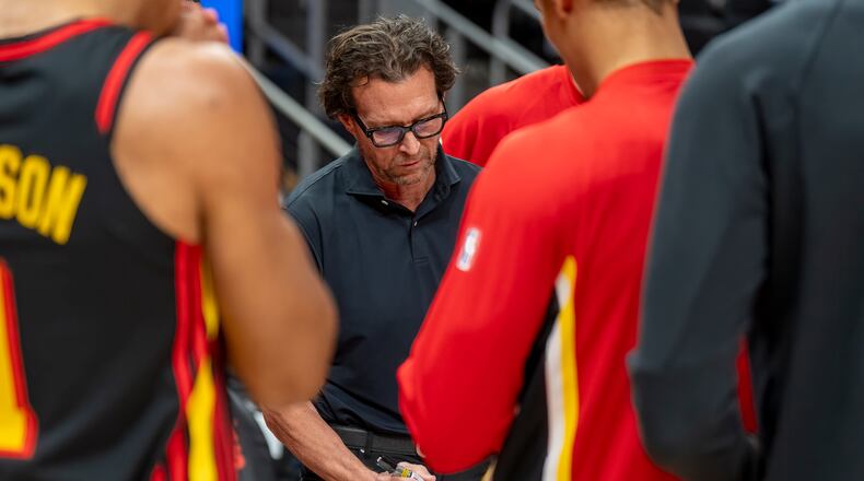 Atlanta Hawks head coach Quin Snyder calls a play during the first half of an NBA basketball game against the Philadelphia 76ers, Sunday, Dec. 14, 2025, in Atlanta. (Erik Rank/AP)
