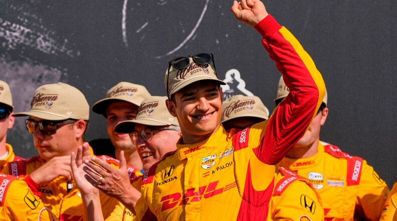 FILE - Alex Palou celebrates after winning the IndyCar championship Sunday, Aug. 31, 2025, at Nashville Superspeedway in Lebanon, Tenn. (AP Photo/George Walker IV, File)