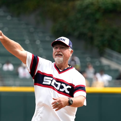 FILE - Former Chicago White Sox player Ron Kittle throws out a ceremonial first pitch before a baseball game between the Minnesota Twins and the Chicago White Sox in Chicago, Sunday, Sept. 17, 2023. (AP Photo/Nam Y. Huh, File)