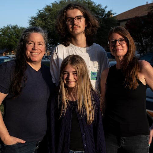 Jamie Corum, her children Ivy Edgar, 10, Cash Edgar, 17, and wife Jessica Edgar-Corum pose for a portrait in their neighborhood on Monday, June 29, 2026, in Pflugerville, Texas. (AP Photo/Joel Angel Juarez)