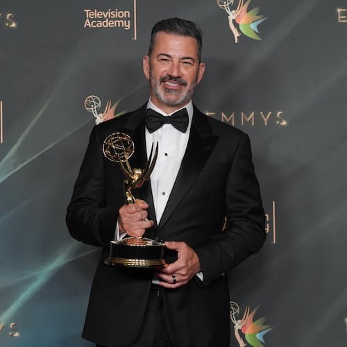 Jimmy Kimmel poses with the award for outstanding host for a game show for "Who Wants to Be a Millionaire?" during night one of the Creative Arts Emmy Awards on Saturday, Sept. 5, 2026, in Los Angeles. (AP Photo/Chris Pizzello)