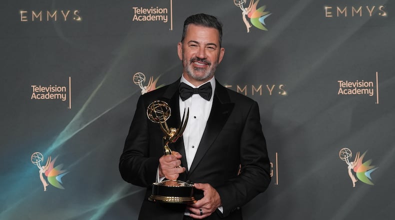 Jimmy Kimmel poses with the award for outstanding host for a game show for "Who Wants to Be a Millionaire?" during night one of the Creative Arts Emmy Awards on Saturday, Sept. 5, 2026, in Los Angeles. (AP Photo/Chris Pizzello)