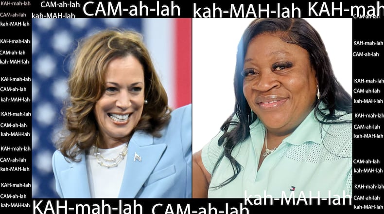 Presidential candidiate Kamala Harris pronounces her first name “KAH-mah-lah” or COMMA-la, but other Kamalas pronounce their name differently, such as Kamala Hayward-Jordan, who pronounces her name CAM-ah-la, like the first syllable of “camera.” (AJC and handout)