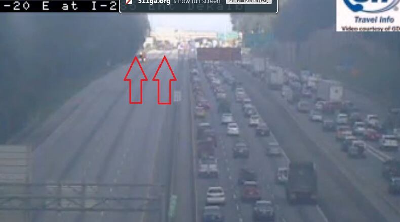 All lanes of I-20 were blocked about 6 p.m. (Credit: AJC/WSB Traffic)