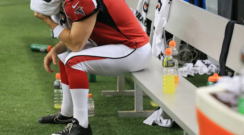 Falcons kicker Matt Bryant sits on the bench after missing his second fieldgoal of the day against the Redskins during their football game on Sunday, Oct. 11, 2015, in Atlanta. Bryant was 2 of 4 on fieldgoal attempts during the game.
