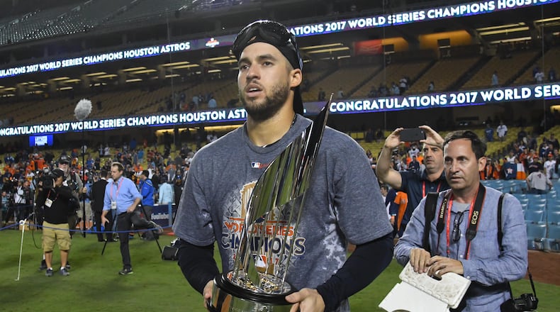 George Springer with the World Series MVP trophy after Game 7.