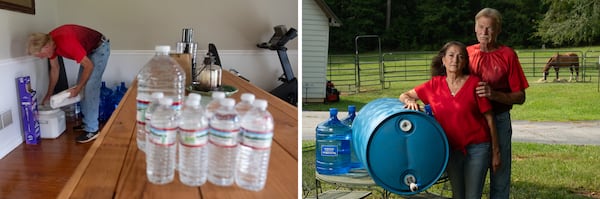 At left, drinking water sits on the table and against the wall as Jeff Morris grabs some dog food at the Mansfield home he shares with his wife Beverly. At right, the couple now must bring in 55 gallons of water every day for their two horses and about 50 gallons a month for their own drinking, cooking and cleaning. (Ben Gray for the AJC)