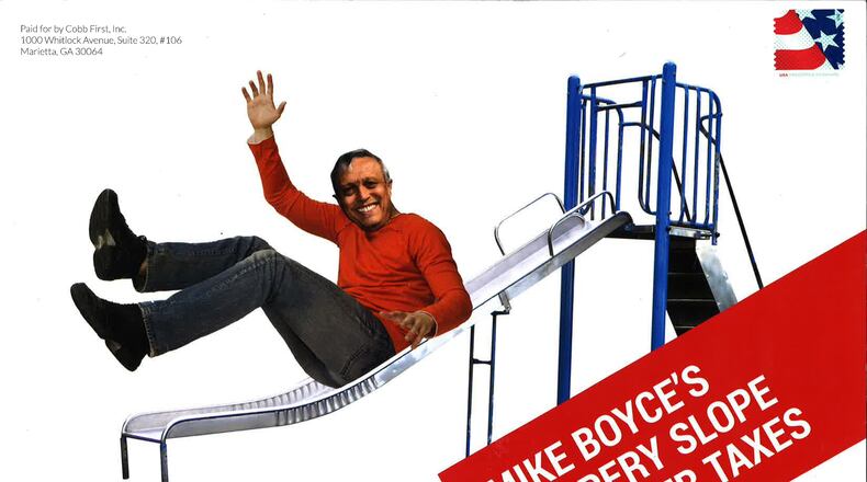 “Dark money,” spending by a nonprofit social-welfare organization that does not have to disclose its donors tried to convince voters to re-elect Cobb Commission chairman Tim Lee this year with direct mail like this. Challenger Mike Boyce still defeated Lee with 64-percent of the vote. This mailer was funded by the independent political committee Cobb First, which received $143,000 in dark money donations from the social-welfare group Revitalize America Fund.