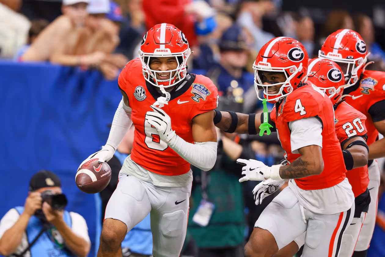 Bulldogs defensive back Daylen Everette (left) celebrates a fumble recovery for a 47-yard touchdown against the Ole Miss Rebels during the Sugar Bowl at the Caesars Superdome on Thursday, Jan. 1, 2026, in New Orleans. Everette was one of Pittsburgh’s three third-round picks. (Jason Getz/AJC)