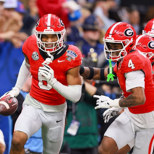 Bulldogs defensive back Daylen Everette (left) celebrates a fumble recovery for a 47-yard touchdown against the Ole Miss Rebels during the Sugar Bowl at the Caesars Superdome on Thursday, Jan. 1, 2026, in New Orleans. Everette was one of Pittsburgh’s three third-round picks. (Jason Getz/AJC)