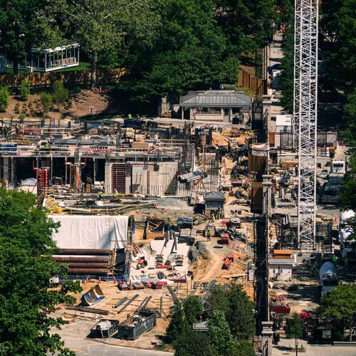 Construction on the new White House ballroom is seen from the Washington Monument, Tuesday, May 5, 2026, in Washington. (AP Photo/Julia Demaree Nikhinson)
