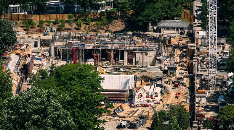 Construction on the new White House ballroom is seen from the Washington Monument, Tuesday, May 5, 2026, in Washington. (AP Photo/Julia Demaree Nikhinson)