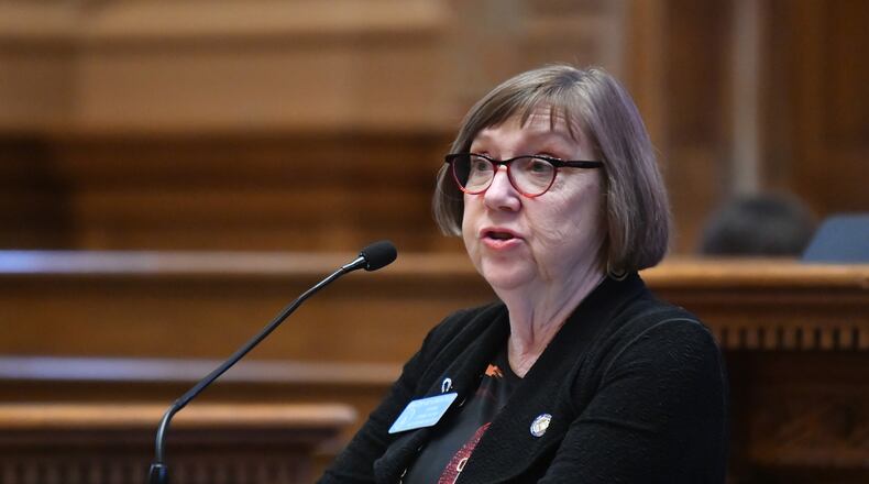 February 24, 2022 Atlanta - Sen. Kay Kirkpatrick (R-Marietta) in the Senate Chambers at the Georgia State Capitol on Thursday, February 24, 2022. Kirkpatrick sponsored a bill in 2023 to prohibit superior court clerks from pocketing passport fees as personal compensation. (Hyosub Shin / Hyosub.Shin@ajc.com)