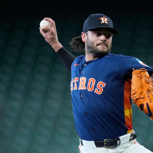FILE - Lance McCullers Jr. of the Houston Astros throws to live batters before a baseball game against the Cleveland Guardians, June 19, 2026, in Houston. (AP Photo/Kevin M. Cox, File)