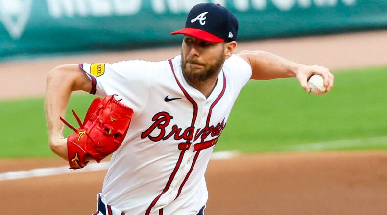 Braves starting pitcher Chris Sale (51) throws a pitch to a Chicago Cubs batter during the first inning at Truist Park on Tuesday, May 14, 2024.
(Miguel Martinez/ AJC)