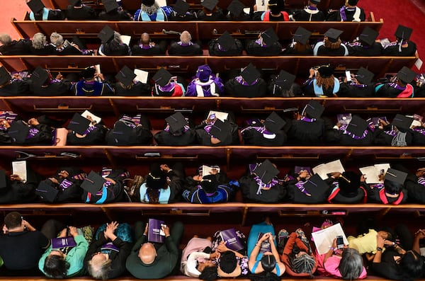 Graduates, alumni, faculty and guests attend Morris Brown College’s commencement ceremony at St. Philip AME Church on Saturday, May 16, 2026, in Atlanta. (Natrice Miller for the AJC)