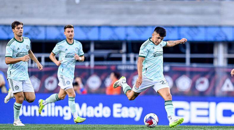 Atlanta United midfielder Thiago Almada  kicks the ball during the match against New England Revolution at Gillette Stadium in Foxborough, MA on Wednesday July 12, 2023. (Photo by Jay Bendlin/Atlanta United)