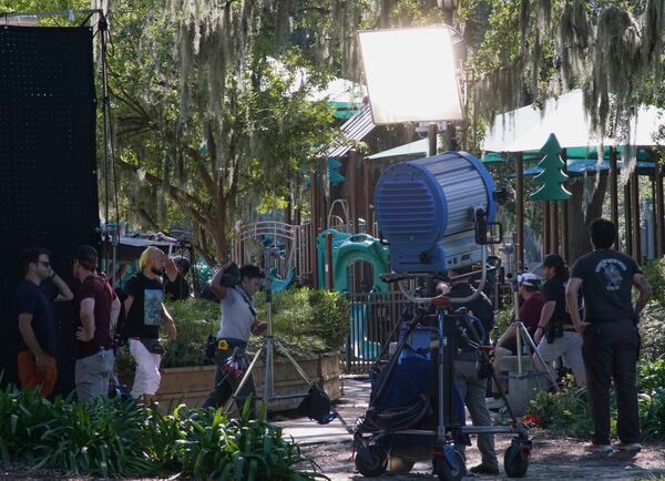 Film crews work between takes of the Netflix series "Steel Magnolias," shot in 2025 at Savannah's Forsyth Park. (Courtesy of Savannah Regional Film Commission)