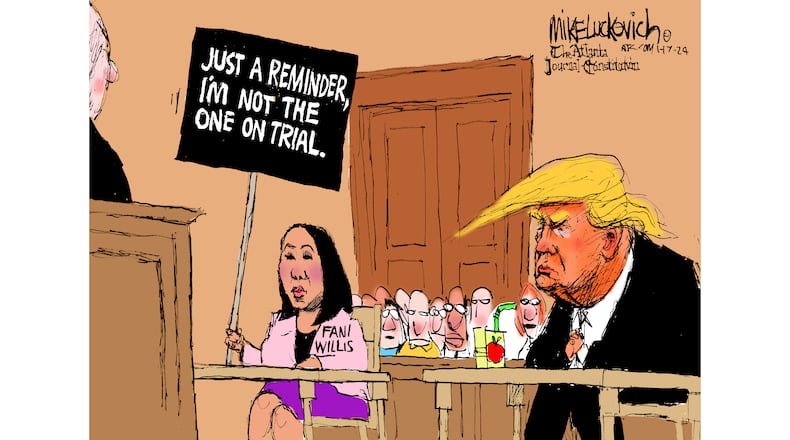 An editorial cartoon by Mike Luckovich reacting to news about Fulton County District Attorney Fani Willis.