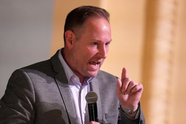 Thomas West, a candidate in the upcoming mayoral primary in Pittsburgh, attends a candidates forum at Perry Traditional Academy in Pittsburgh, Thursday, April 24, 2025. (AP Photo/Gene J. Puskar)