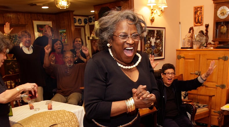 Juanita Abernathy, wife of civil rights leader Ralph David Abernathy, jcelebrates Barack Obama being elected president of the United States on Tuesday, November 4, 2008. (Johnny Crawford/AJC file photo)