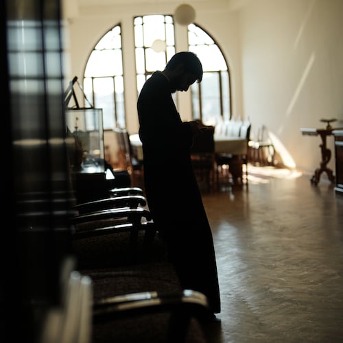 A Christian Orthodox clergy stands in one of the corridors of the Christian Orthodox Halki Theological school, at the Holy Trinity monastery, in Heybeliada island, Istanbul, Turkey, Friday, Nov. 14, 2025. (AP Photo/Francisco Seco)