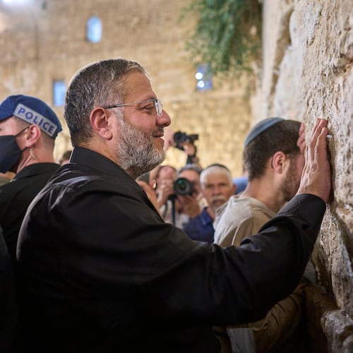 Israel's Minister of National Security, Itamar Ben-Gvir, prays during the mourning ritual of Tisha B'Av at the Western Wall, Judaism's holiest site, in Jerusalem's Old City, Wednesday, July 22, 2026. (AP Photo/Ohad Zwigenberg)