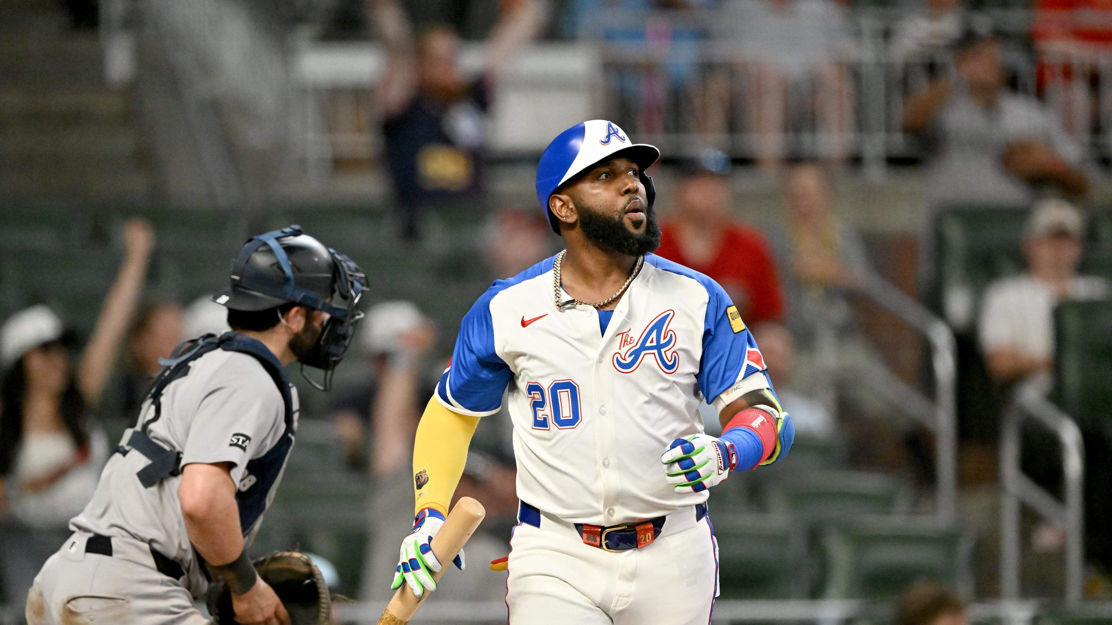 Braves designated hitter Marcell Ozuna strikes out to end the game against the Yankees on Saturday, July 19, 2025, at Truist Park. Since June 2 through Friday, Ozuna hit .172 with an OPS of .547, which was 172nd out of 183 qualified players. (Hyosub Shin/AJC)