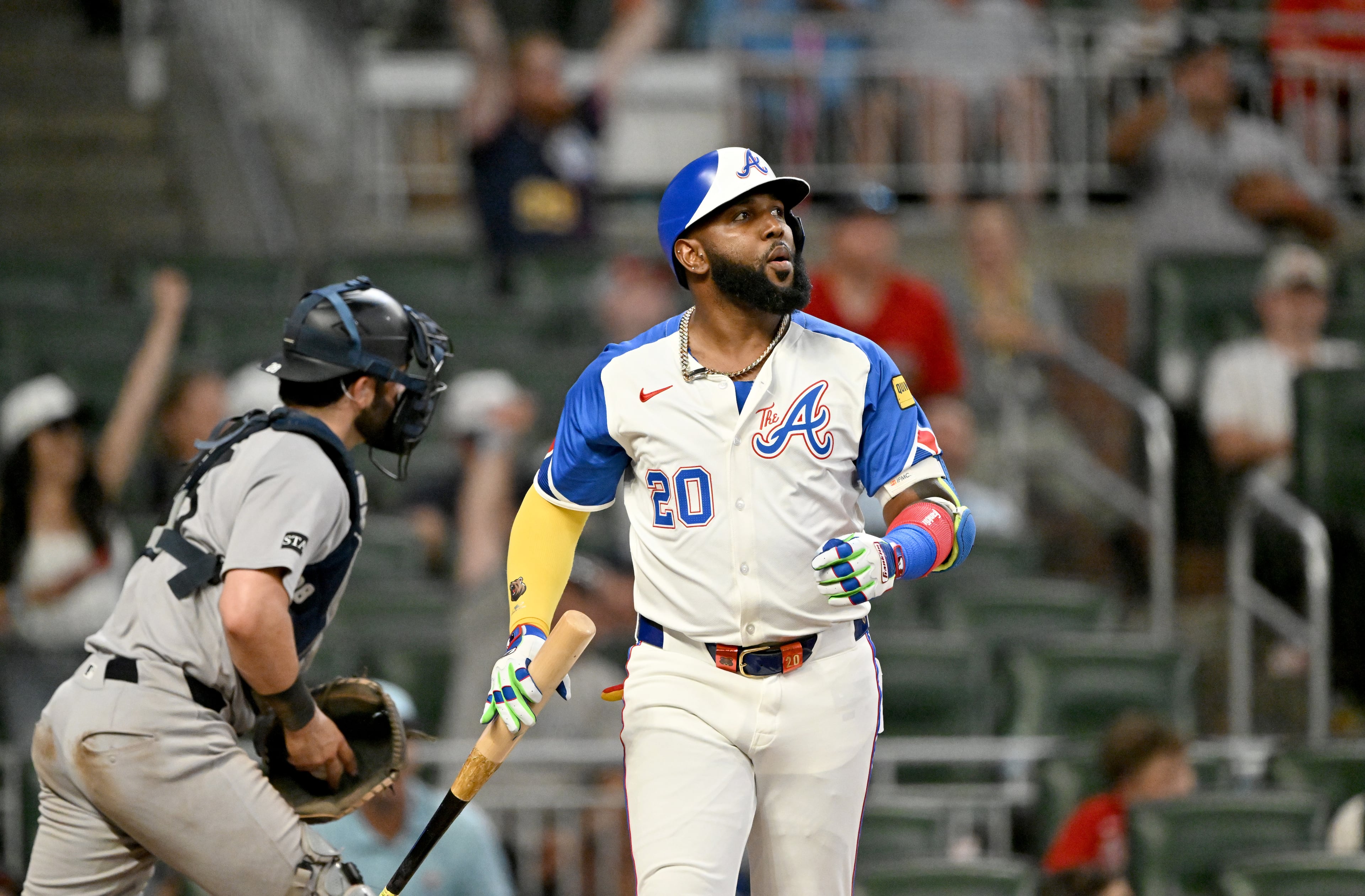 Atlanta Braves designated hitter Marcell Ozuna reacts after striking out to end the ninth inning of a baseball game at Truist Park, Saturday, July 19, 2025. (Hyosub Shin/AJC)
