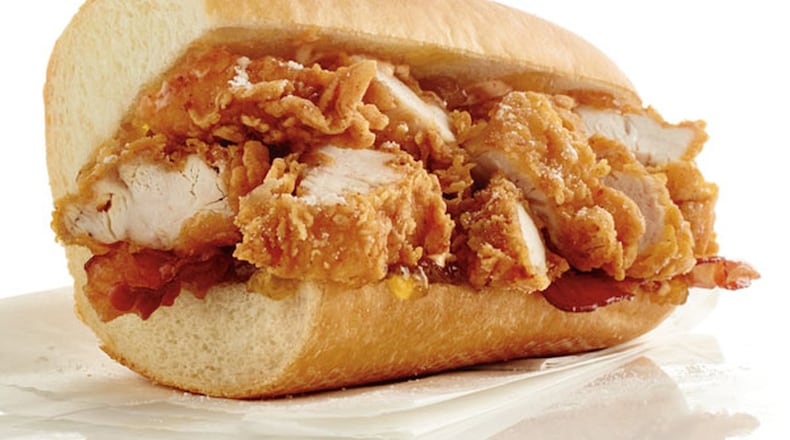 The Atlanta Falcons sub from Publix places maple-flavored chicken tenders and Boar’s Head bacon on a white sub roll, with Publix mango peach preserves and Sriracha mayonnaise. (PUBLIX)