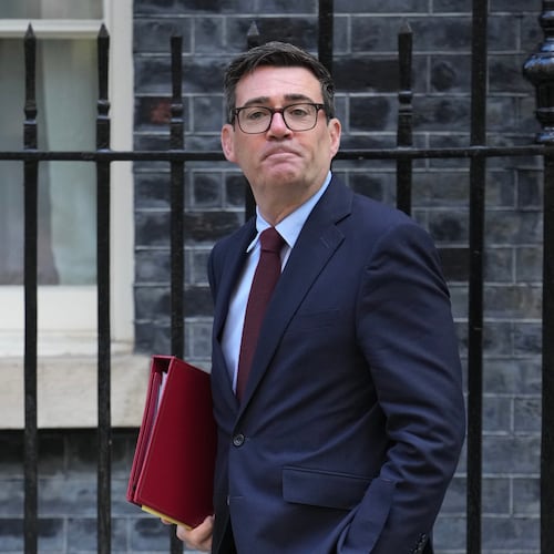 Britain's Prime Minister Andy Burnham leaves 10 Downing Street to attend the weekly Prime Ministers' Questions session in Parliament in London, Wednesday, Sept. 9, 2026. (AP Photo/Kin Cheung)