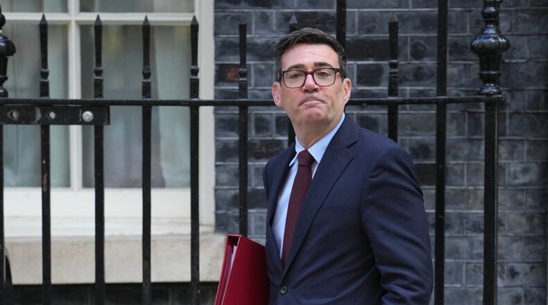Britain's Prime Minister Andy Burnham leaves 10 Downing Street to attend the weekly Prime Ministers' Questions session in Parliament in London, Wednesday, Sept. 9, 2026. (AP Photo/Kin Cheung)