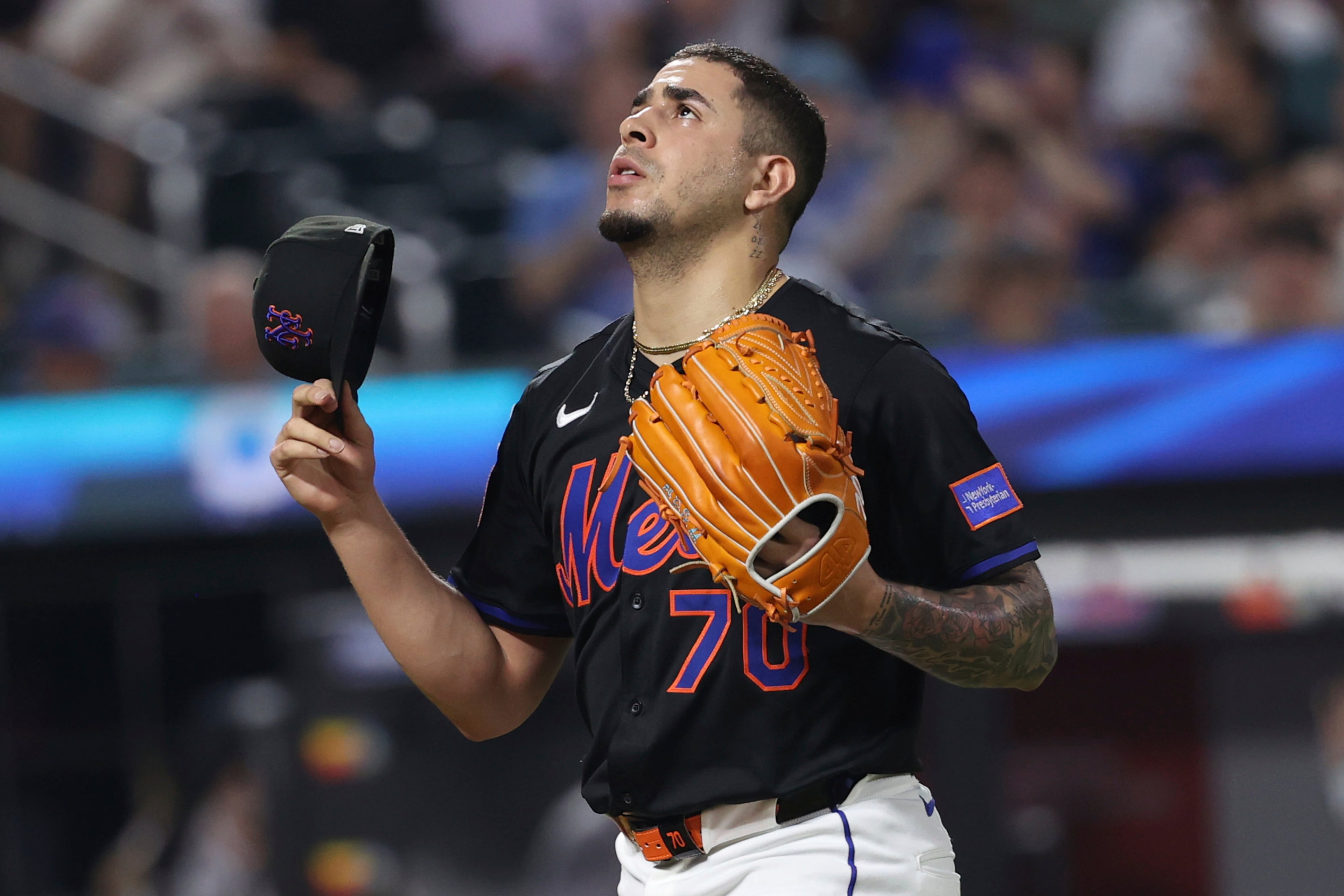 New York Mets pitcher José Buttó reacts after striking out Atlanta Braves outfielder Ronald Acuña Jr. during the sixth inning Monday, June 23, 2025, in New York. (Pamela Smith/AP)