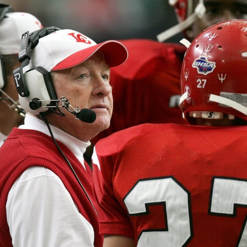 Retired Lincoln County coach Larry Campbell, shown in a 2006 state semifinal game at the Georgia Dome, holds the state record for most victories in a decade with 124 from 1990 to 1999. (Brant Sanderlin/AJC)